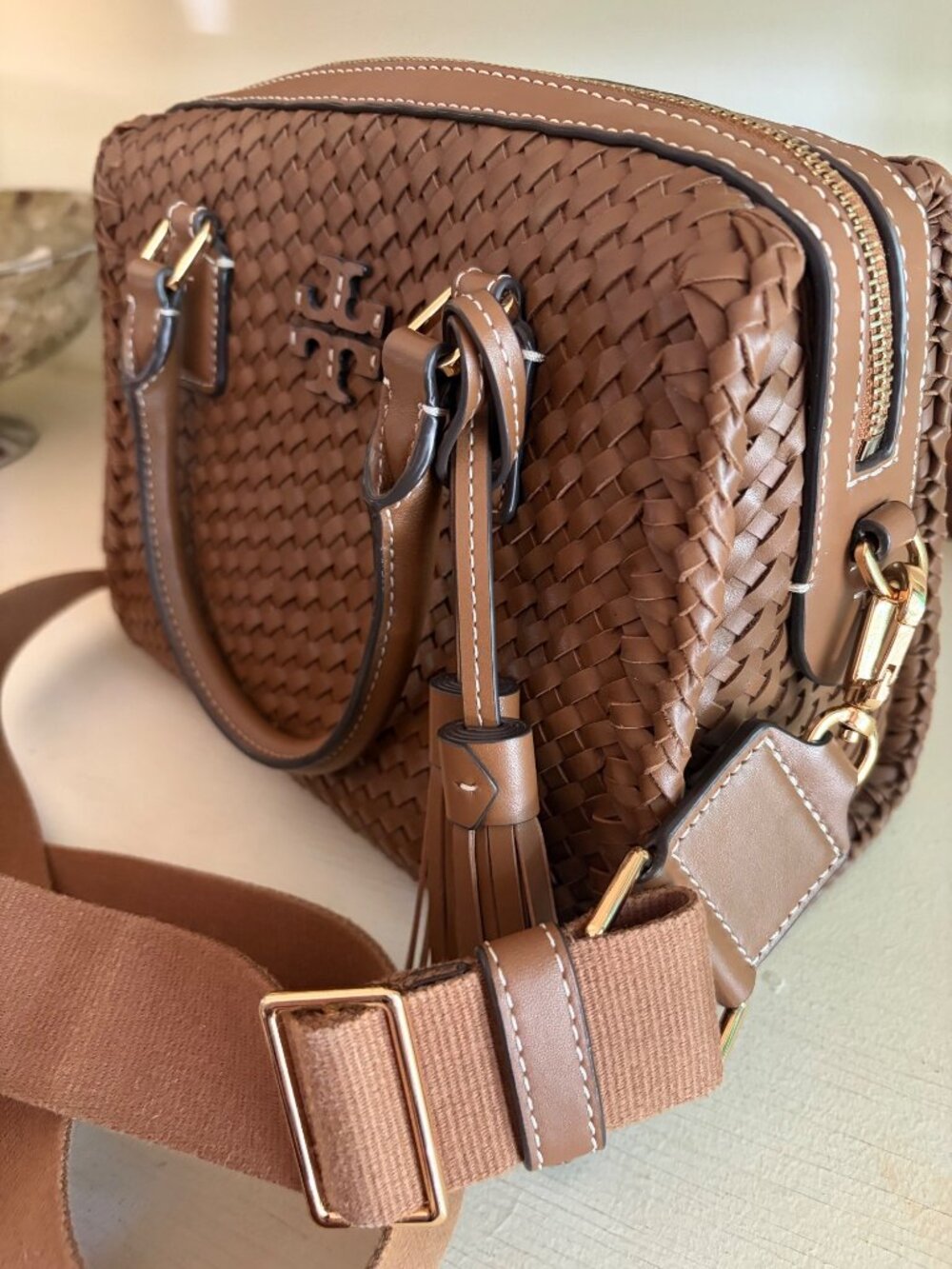 Tory Burch Thea Woven Leather McGraw Web Small Satchel Handbag Wide Crossbody Sh - Picture 15 of 16